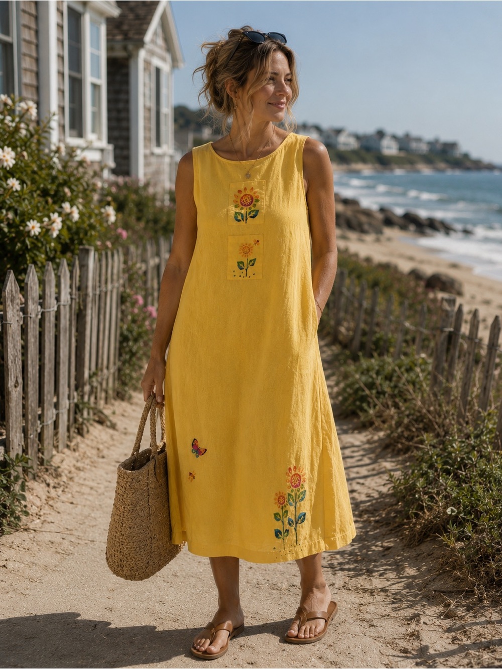 Whimsical Butterfly Dress Art Teacher Linen Blend Midi Dress Size L